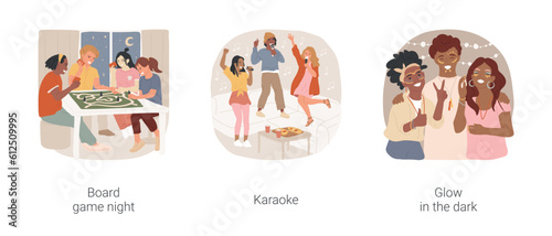Teen celebration isolated cartoon vector illustration set. Board game night, diverse teens sitting at table, teenagers singing karaoke, glow in the dark party, painted faces vector cartoon.