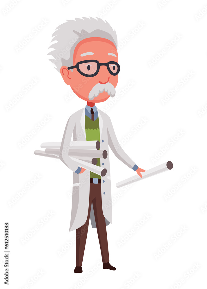 Old scientist holding twisted whatmans. Funny moustached character wearing glasses and lab coat. Discovery in science.  illustration in cartoon style