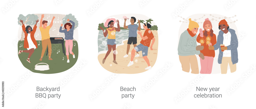 Fototapeta premium Outdoor party isolated cartoon vector illustration set. Birthday party on backyard, teen making BBQ, dancing and having fun at beach, new year celebration, teens holding sparklers vector cartoon.