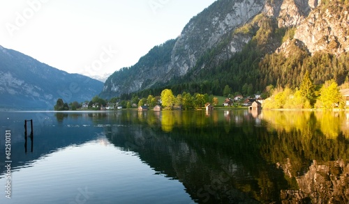 Aerial view of Hallstatt lake surrounded by dense trees