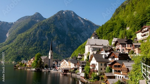 Aerial view of Hallstatt lake surrounded by dense trees and buildings