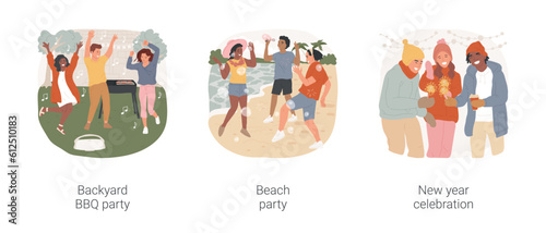 Outdoor party isolated cartoon vector illustration set. Birthday party on backyard, teen making BBQ, dancing and having fun at beach, new year celebration, teens holding sparklers vector cartoon.