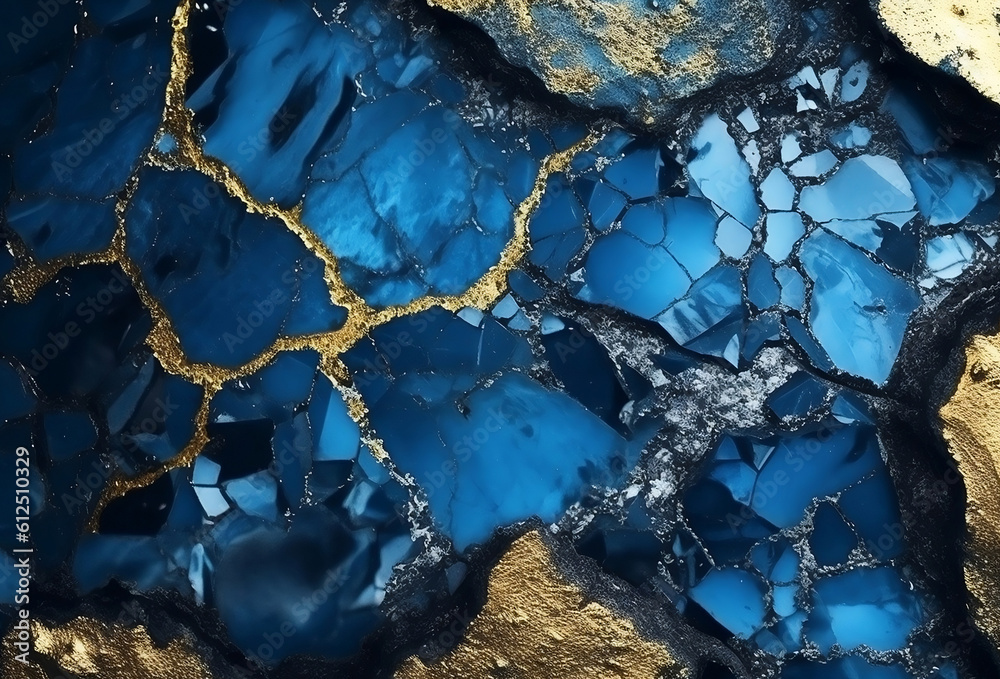 Sapphire blue marble stone with gold vein. Vivid graphite texture geode wallpaper background. - obrazy, fototapety, plakaty 