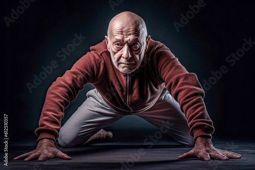 Elderly senior man in dynamic pose on floor, stretching, exercise. Generative AI