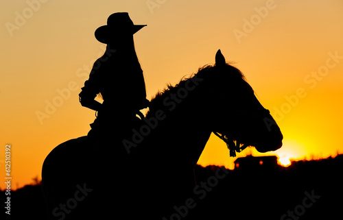 Horseback woman riding on galloping horse with red rising sun on horizon. Beautiful sunset header background with equine and girls silhouette.