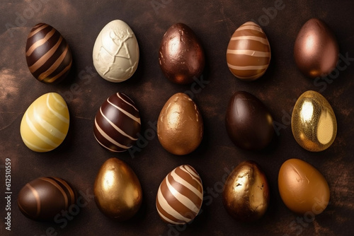 Chocolate Easter Eggs on wooden background. AI Generative