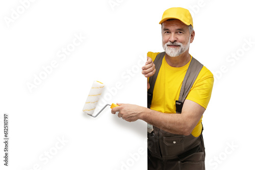 Portrait of a mature friendly painter. Isolated on transparent