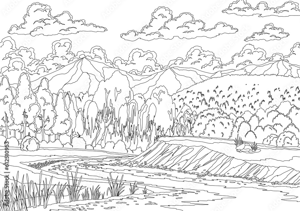 Naklejka premium Landscape with river flowing through hills, scenic fields, forest and mountains. Beautiful scene with river bank, trees and clouds. Coloring style illustration