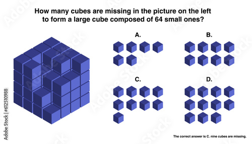 IQ abstract logical reasoning question. How many cubes are missing in the picture on the left to form a large cube composed of 64 small ones?