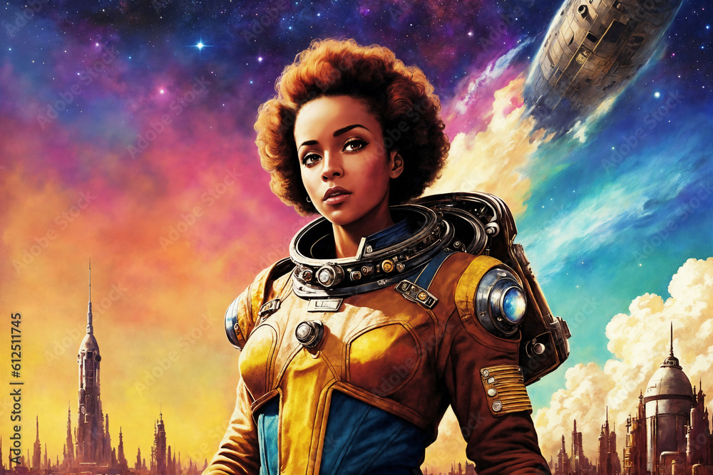 Obraz premium Portrait of a beautiful woman as an astronaut, space theme in the retro futurism style of the 60s. Generative AI.
