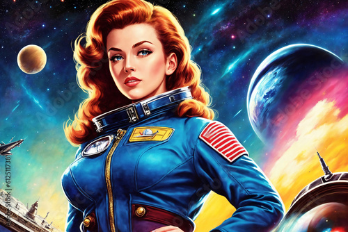 Woman as an astronaut on background of stars and universe, space theme in the retro futurism style of the 60s. Generative AI.