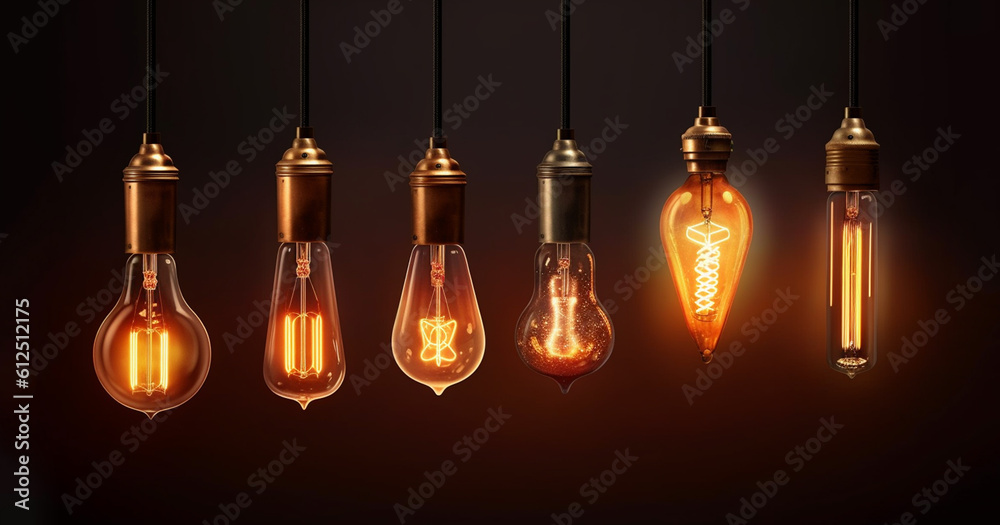 Classic retro lighting bulb in orange warm light shade during it glowing with blurred of other bulbs as bokeh background. Object for interior decoration, selective focus photo. Vintage Edison design Classic retro lighting bulb in orange warm light shade during it glowing with blurred of other bulbs as bokeh background. Object for interior decoration, selective focus photo. Vintage Edison design