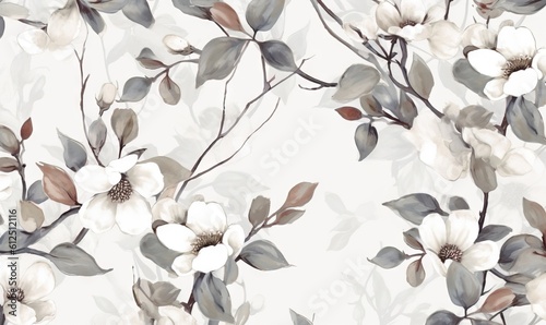  a white and gray floral wallpaper with leaves and flowers on it s sides and a white background with grey leaves and flowers on it s sides.  generative ai