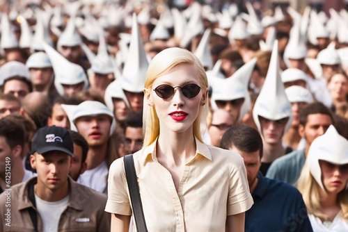 Weird blonde female in sunglass, spy villain aliens on watch, police usndercover, lurking in crowds, AI generated