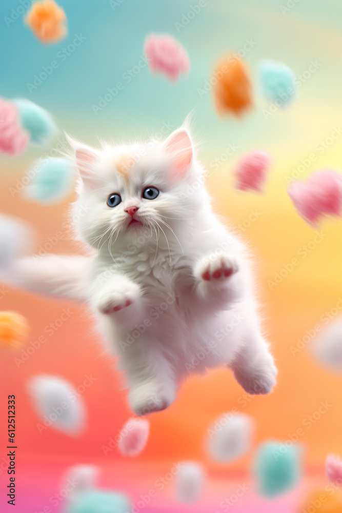 Cute funny white kitten jumping into flying colorful candy lollipops. Generative AI . High quality illustration Cute funny white kitten jumping into flying colorful candy lollipops. Generative AI . High quality illustration