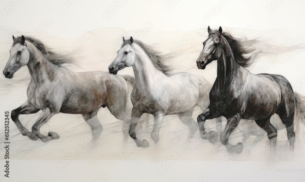 Fototapeta premium a group of three horses running side by side in a line on a white background with long hair blowing in the wind, in front of a white background is a white wall. generative ai