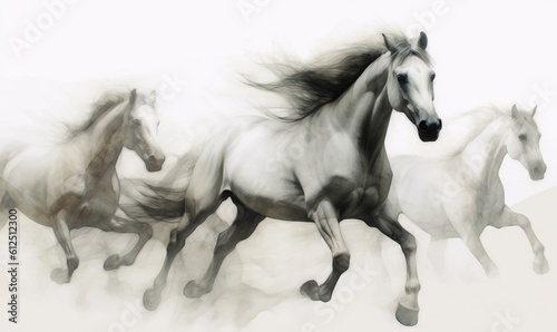  a group of horses running in a line on a white background with a blurry image of the horses in the foreground and the background. generative ai