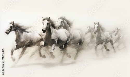  a group of horses running in a line on a white background with a black and white photo of the horses running in the same direction. generative ai