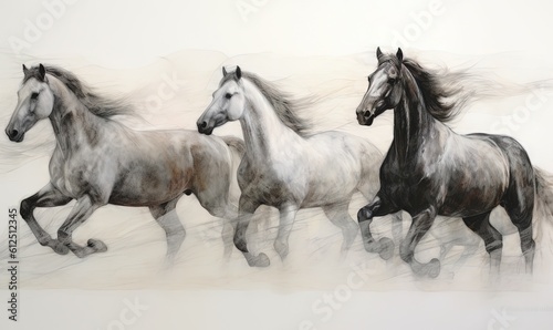  a group of three horses running side by side in a line on a white background with long hair blowing in the wind  in front of a white background is a white wall.  generative ai
