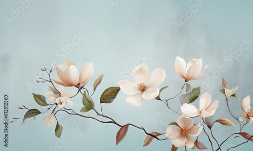  a painting of a branch with flowers and leaves on a blue background with a white cloud in the sky behind it and a light blue background with white clouds.  generative ai