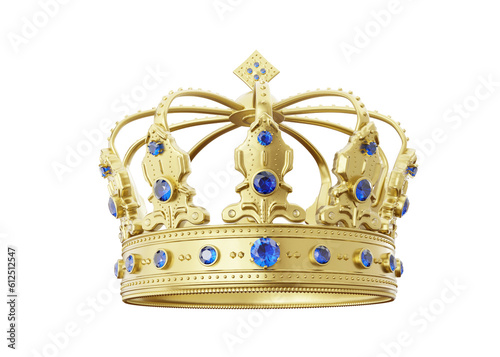 Canvas Print 3d royal golden crown with blue diamonds on isolated background