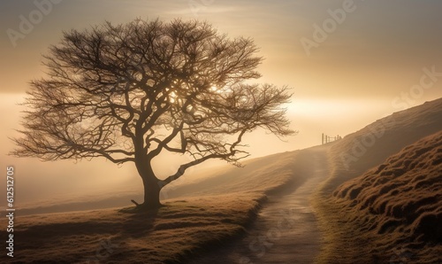  a lone tree on a hill with a path leading up to the top of the hill in the foggy morning sun is shining on the horizon. generative ai