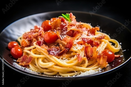Spaghetti alla Amatriciana with pancetta bacon, tomatoes and pecorino cheese | Generative AI 