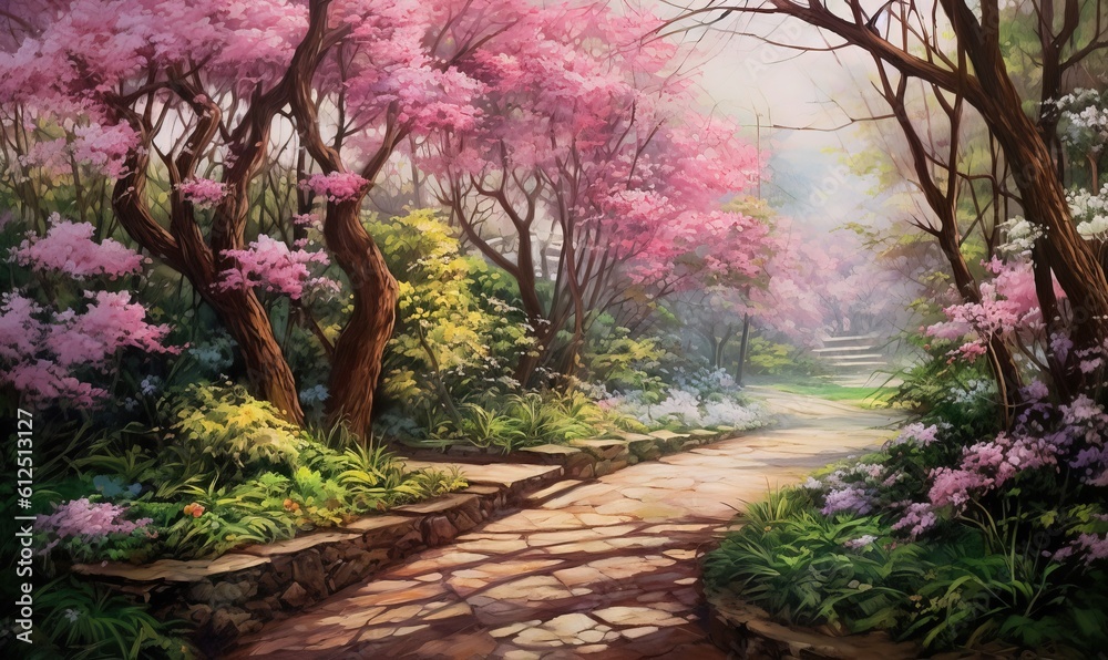 a painting of a path in a park with pink flowers on the trees and a ...