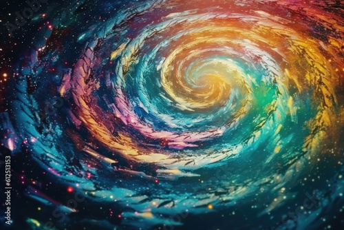 Iridescent sparkle rainbow fairy dust spiral swirl. Glitter shimmer galaxy spin. Magical fantasy background wallpaper. Generative AI