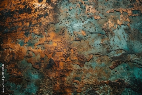 Old grunge copper bronze rusty texture background. Distressed cracked patina siding. Generative AI