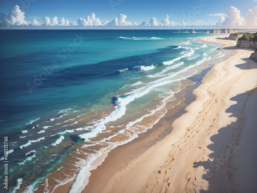 waves crashing on sandy beach sea and sky horizon landscape generative AI illustration