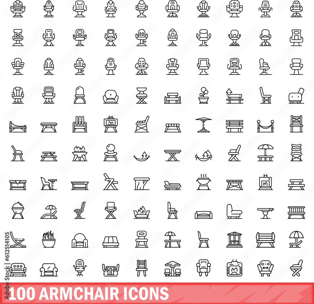 Fototapeta premium 100 armchair icons set. Outline illustration of 100 armchair icons vector set isolated on white background