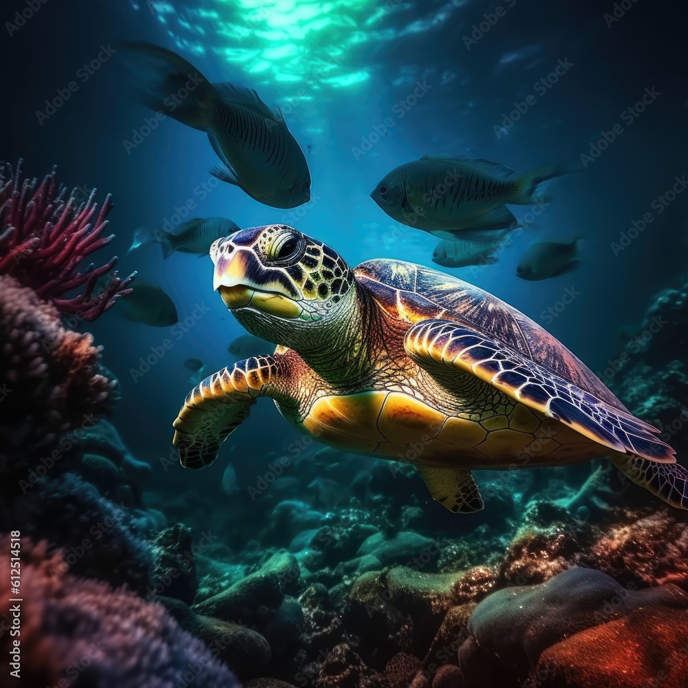 Turtle swimming in the deep sea, underwater photography. Generative AI