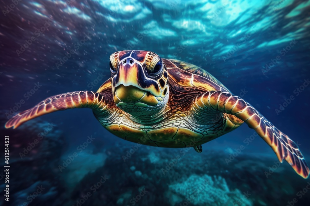 Fototapeta premium Turtle swimming in the deep sea, underwater photography. Generative AI