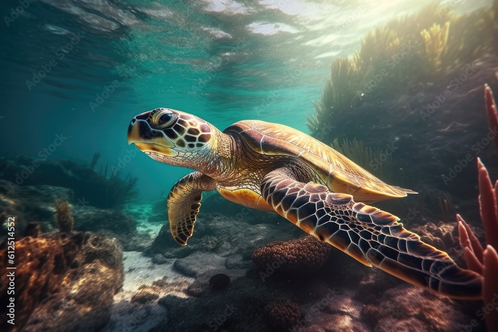 Turtle swimming in the deep sea, underwater photography. Generative AI