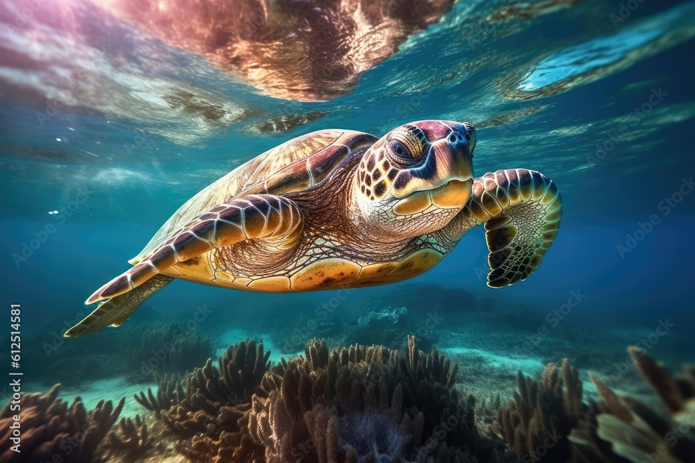 Fototapeta premium Turtle swimming in the deep sea, underwater photography. Generative AI
