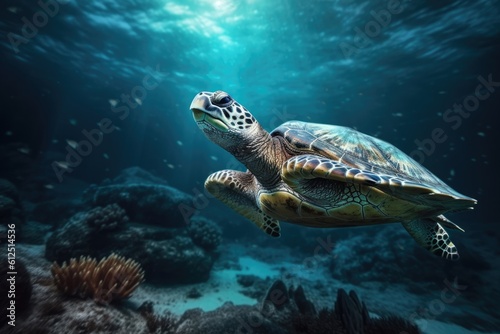 Turtle swimming in the deep sea, underwater photography. Generative AI © Evandro