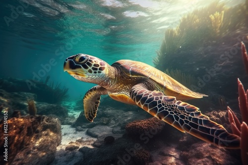 Turtle swimming in the deep sea, underwater photography. Generative AI