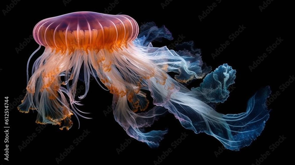 A mesmerizing image of a translucent jellyfish gracefully pulsating through the water, its delicate tentacles trailing behind like ethereal ribbons Generative AI A mesmerizing image of a translucent jellyfish gracefully pulsating through the water, its delicate tentacles trailing behind like ethereal ribbons Generative AI