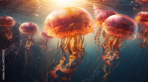 A dreamlike scene of jellyfish gracefully floating near the water's surface, their translucent bodies catching the sunlight, creating a magical and surreal atmosphere Generative AI © Наталья Евтехова