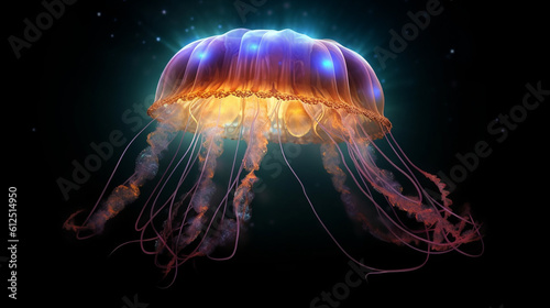An enchanting image of a jellyfish with bioluminescent properties, emitting a soft and otherworldly glow, as if it carries a piece of the stars within its translucent body Generative AI