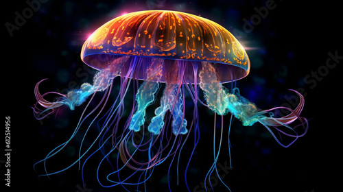 An enchanting image of a jellyfish with bioluminescent properties, emitting a soft and otherworldly glow, as if it carries a piece of the stars within its translucent body Generative AI © Наталья Евтехова