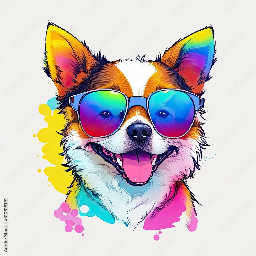 Graphic t-shirts vector of a cute happy dog, wearing sunglasses, detail design, colorful, contour, white background.