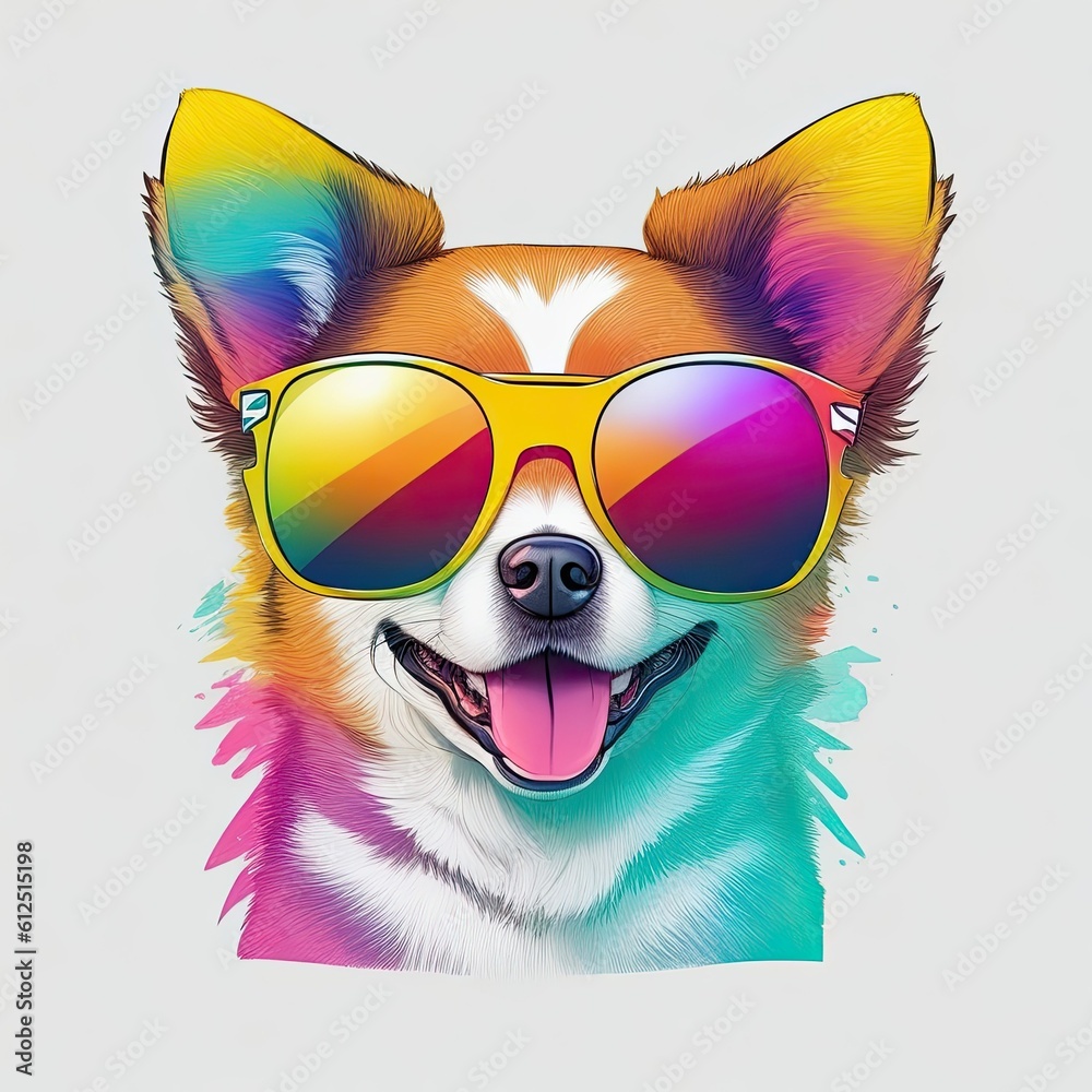 Fototapeta premium Graphic t-shirts vector of a cute happy dog, wearing sunglasses, detail design, colorful, contour, white background.