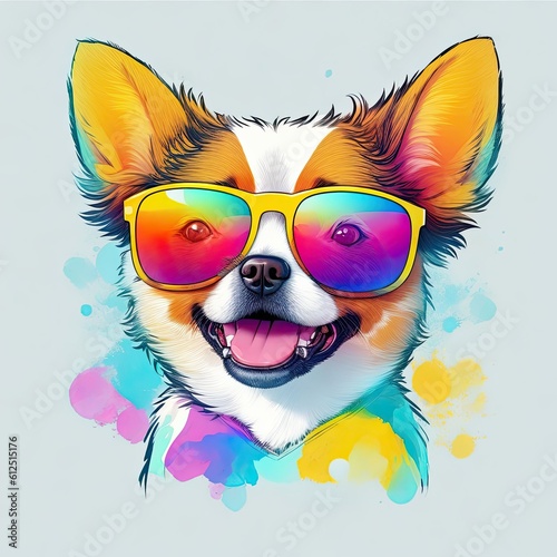 Graphic t-shirts vector of a cute happy dog, wearing sunglasses, detail design, colorful, contour, white background.