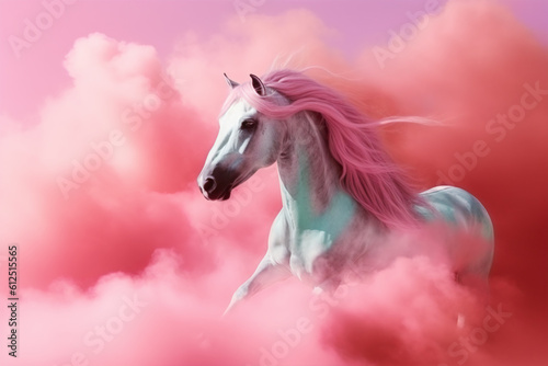 Beautiful horse running through pastel pink clouds. Creative abstract idea. Love and freedom concept. Illustration. Generative AI.