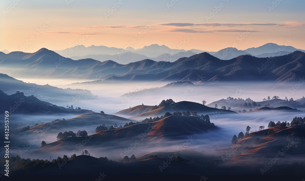 Fototapeta premium a view of a mountain range covered in fog at sunrise or dawn with a few trees in the foreground and a few mountains in the background. generative ai