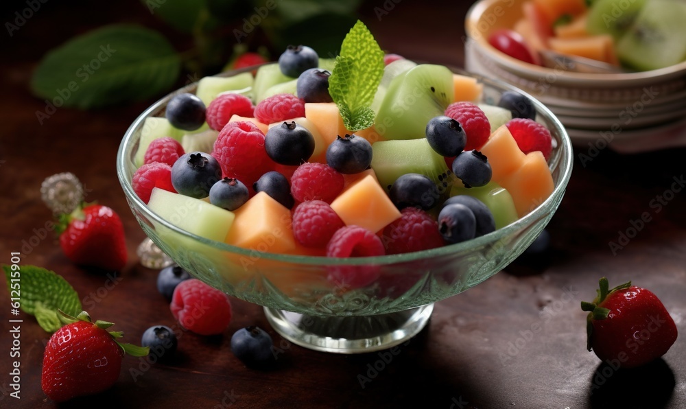 a glass bowl filled with fruit on top of a wooden table next to a bowl of strawberries and a bowl of kiwis. generative ai a glass bowl filled with fruit on top of a wooden table next to a bowl of strawberries and a bowl of kiwis. generative ai