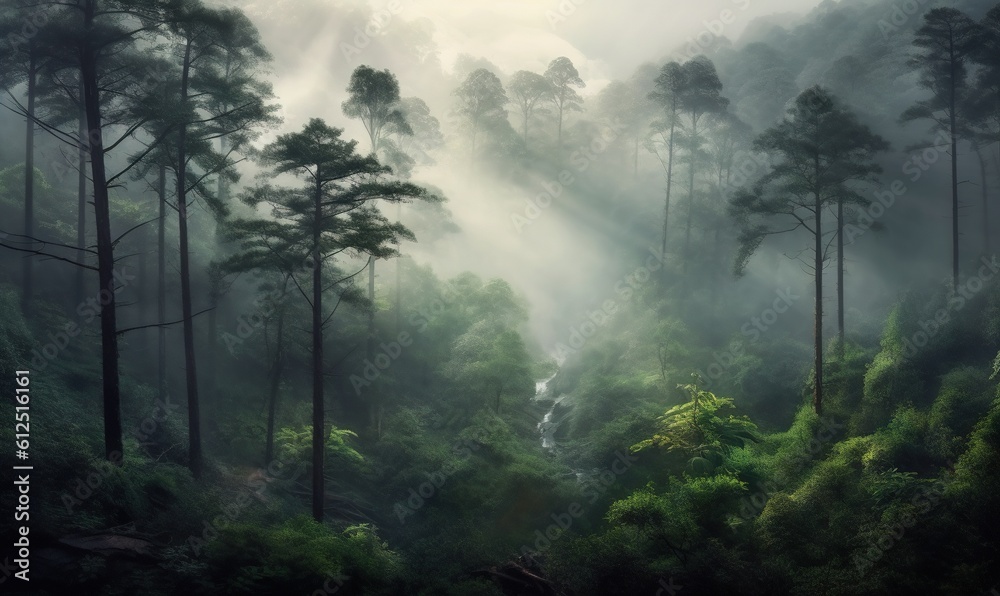  a foggy forest filled with lots of trees and a stream running through it's center surrounded by tall, green trees and bushes.  generative ai