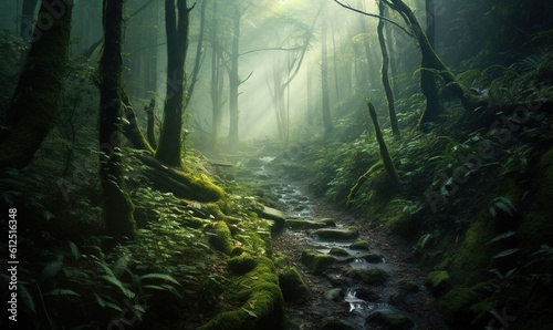  a path in a forest with mossy trees and rocks on both sides of the path is surrounded by green foliage and trees with bright sunlight coming through the fog. generative ai